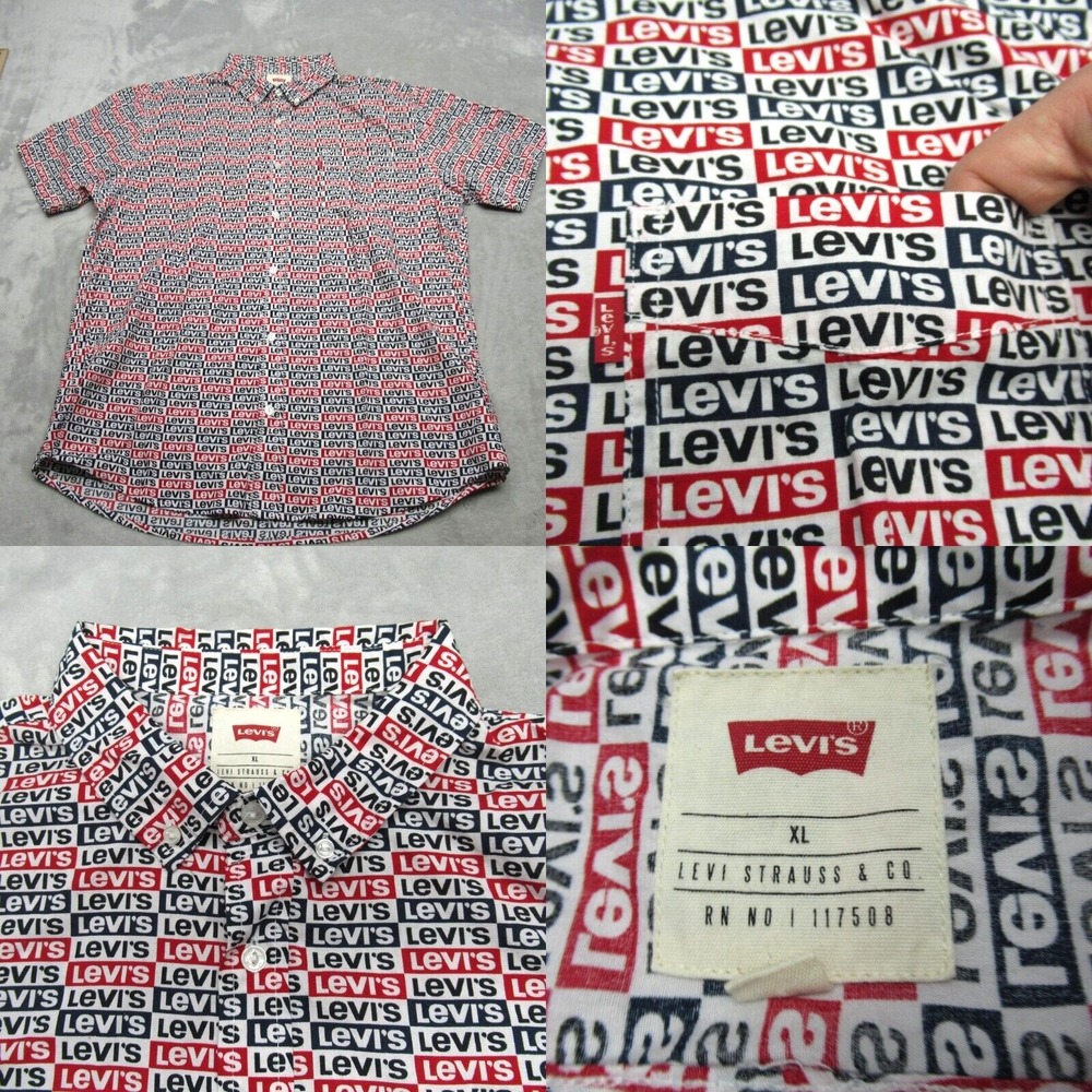 Levis Shirt Mens XL White Allover Print Graphic Short Sleeve Button Down Casual